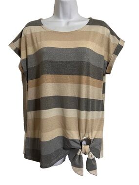SWEET VIOLET SIZE L SHIMMERY Striped Tie-Hem Short Sleeve Top - Beige & Gray